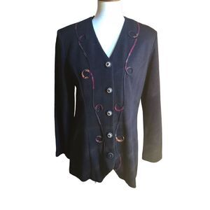 Vintage Jeffrey & Dara Black ribbed cardigan with embroidery pattern and design